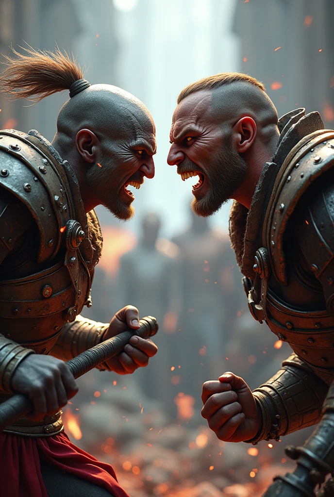 clear, who has red hair and a scar over his left eye, sitting with a dark skinned male Elf, menacing look