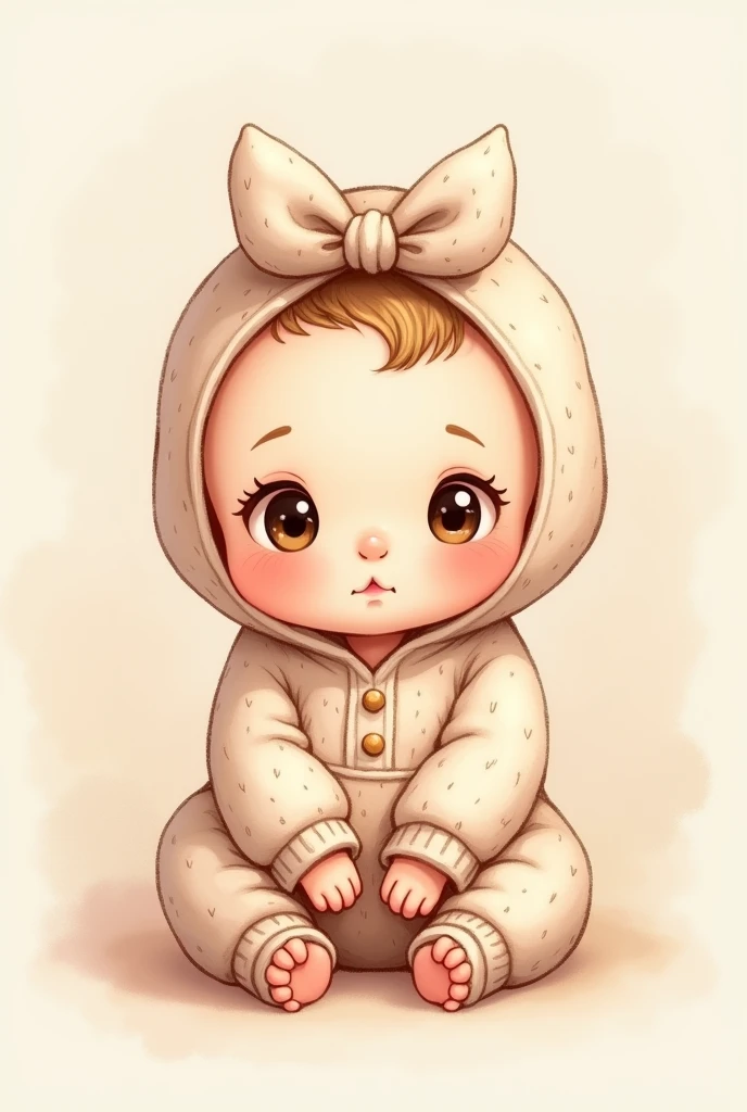 A 2D drawn baby girl with a neutral female expression lying around a white blanket with a bunny hat around her head and her white clothes with light blue eyes, blond hair ,with rosy cheeks,pale skin and long eyelashes