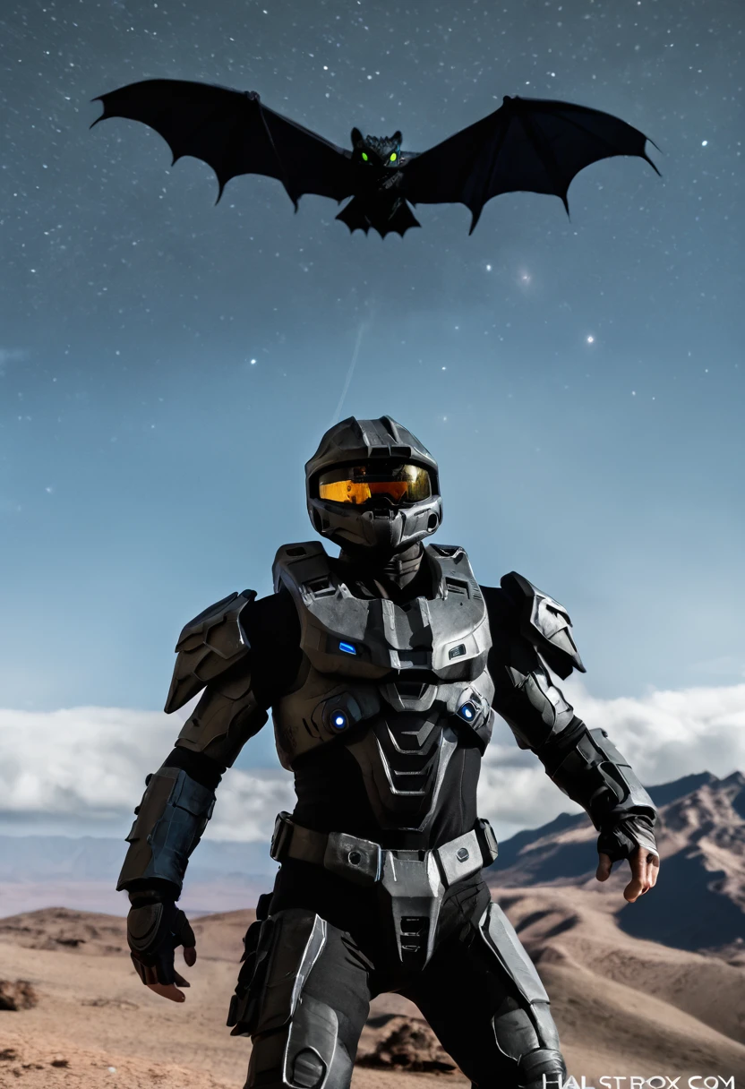 male wearing ODST armor from halo, riding toothless the nightfury dragon through the dark skies on recon mission 