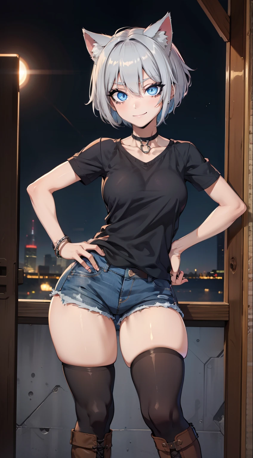 (masterpiece), (best quality), (High quality), high resolution, perfect anatomy BREAK expressive eyes, perfect face, 1girl, grey cat ears: 1.5, medium hair, grey hair, pixie cut, BREAK, (big eyes, perfect eyes), ((blue eyes:1.2)), (glowing eyes:1.2), thick eyelashes, thin eyebrow, ((thick eyeliner)) BREAK short height, slim bulid, wild smile, smiling, medium breasts, BREAK (black shirt, short sleeves), denim shorts, black boots, leather choker, studded braclet BREAK full body, standing, hands on hips BREAK blooming light, city, night 