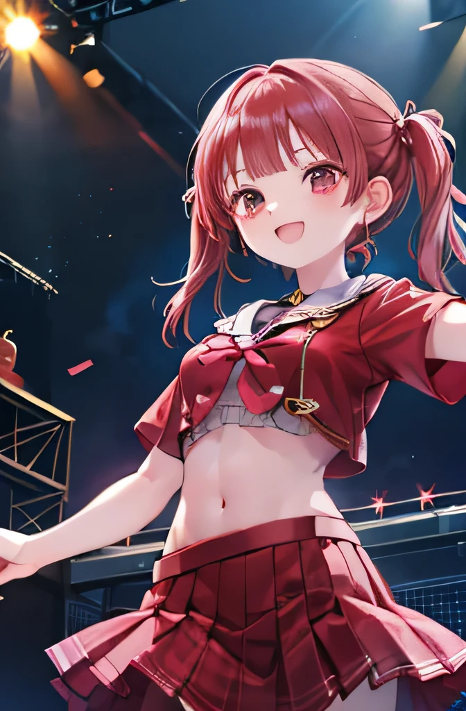 Houshou Marine,Red Hair,Pirate outfit,skirt,Live Stage,Under the spotlight,Eye highlights,Smile,Looking up from below