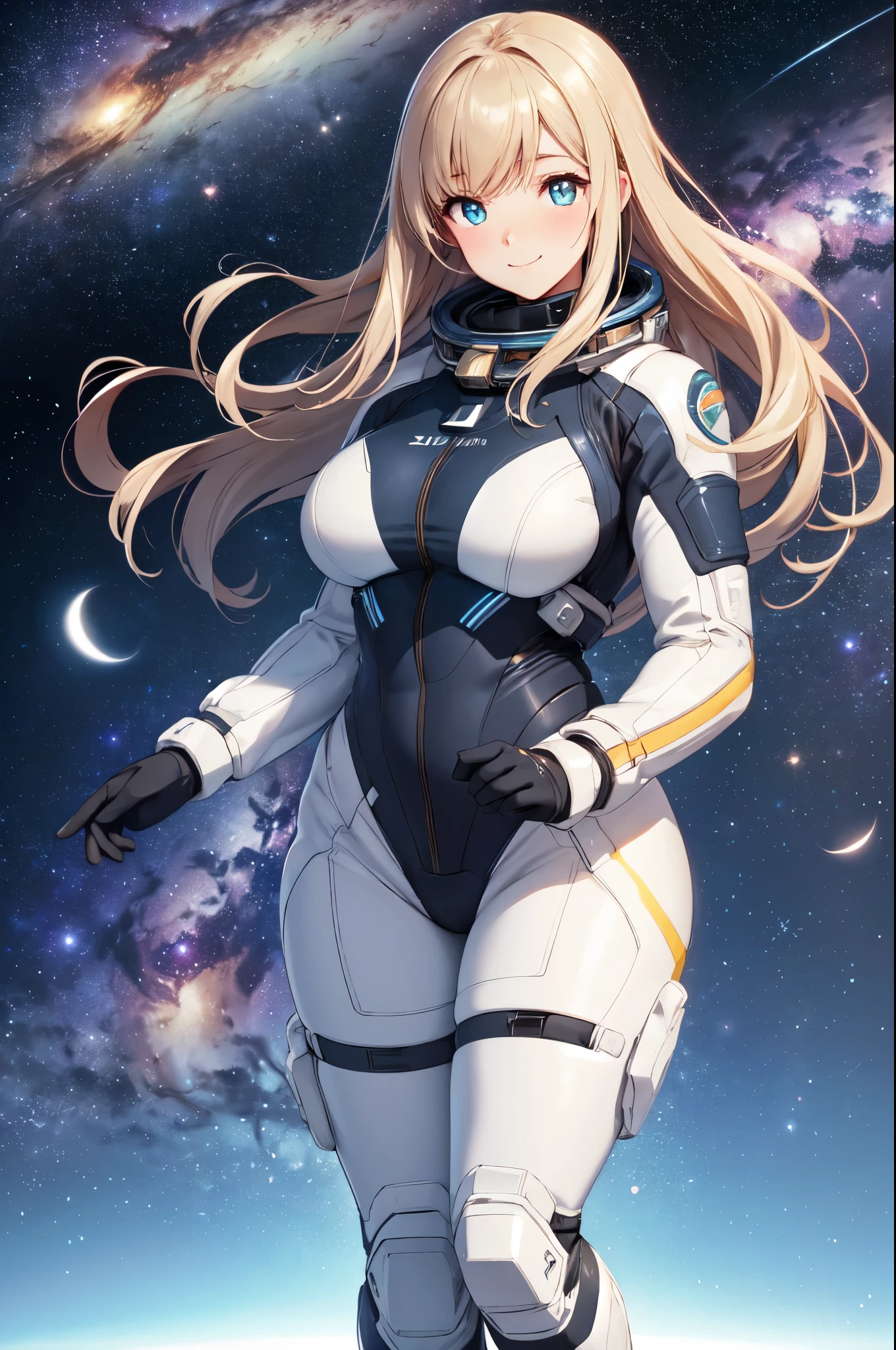 masterpiece, best quality, absurdres, 1girl, solo, ZenaMarienteil, long hair, bangs, astronaut suit, dutch angle, wide shot, smile, laughing, window, space station, planet, earth, galaxy, space, universe, star, milky way, nebula, <lora:ZenaMarienteil-06:0.8>