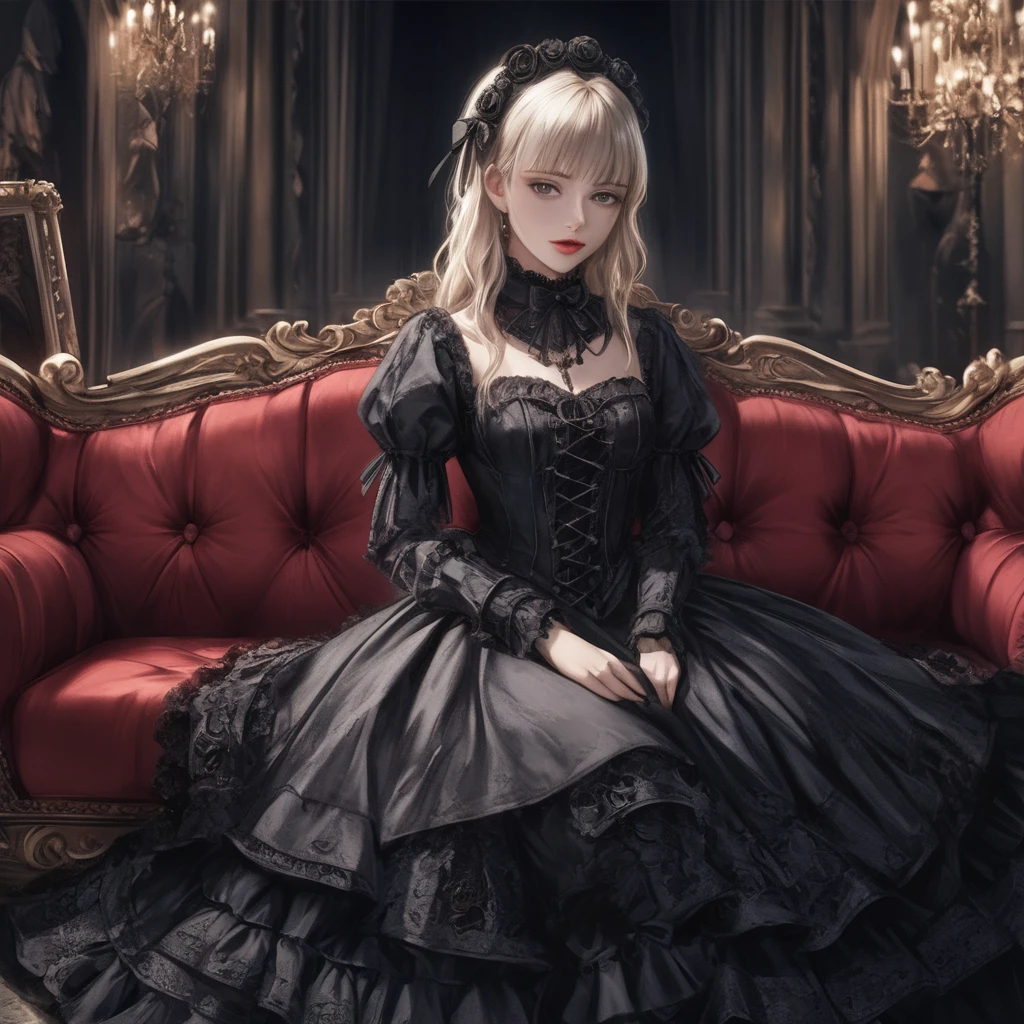 a beautiful gothic ****ta girl, 1girl and gothic knight, sitting alone on a black sofa, wearing a detailed black dress with white lace, surreal, high resolution, extremely detailed, most detailed, red lips, baroque, intricate, cinematic lighting, dramatic composition, rich textures, vivid colors, photorealistic, "goth girls" style