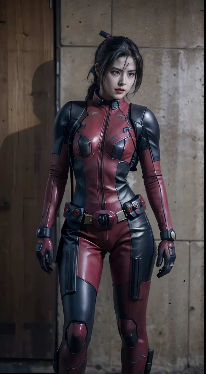 Joey wong Deadpool mecha costume, Textured skin, Super detail, High details, High quality, Best quality, A high resolution, 1080p, hdd, A beauty、red lips、full body view、She wears a futuristic Red Deadpool mech(Deadpool)