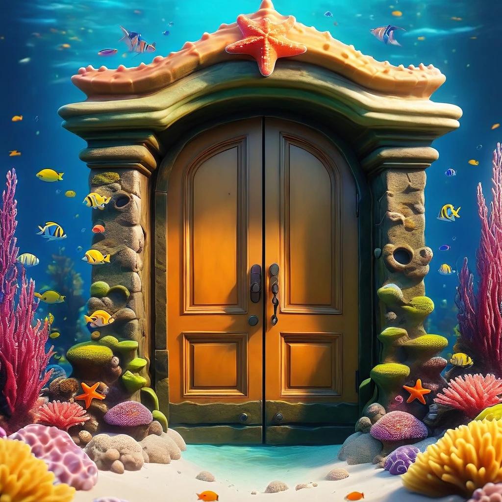 A colorful underwater door surrounded by vibrant coral, sea creatures, and aquatic plants. The scene is full of life, with starfish, bubbles, and seaweed adding to the immersive underwater environment. The door stands in the center, giving the impression of being the entrance to a mysterious underwater world.