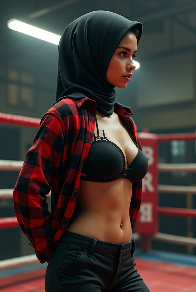 A beauty naked Disha Patani with hijab on the ring boxing stage scene, beauty huge breast detailed, nipple detailed, pubic hairs detailed, dark hairy pussy detailed, chubby vagina detailed, wet body soaked realistic, orgasm expression, creampies, vivid colors