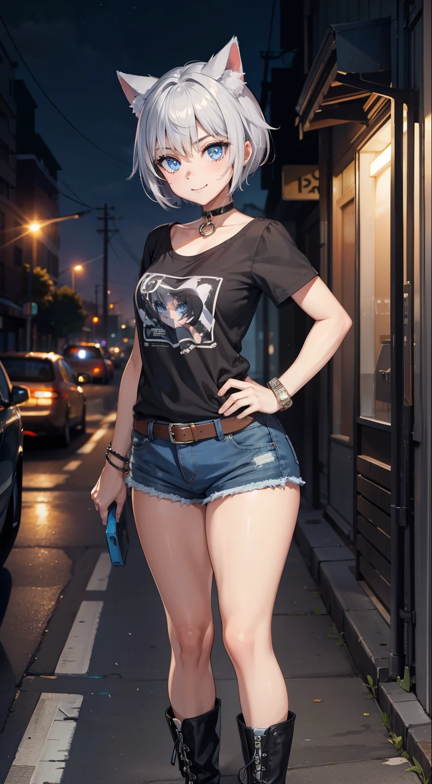 (masterpiece), (best quality), (High quality), high resolution, perfect anatomy BREAK expressive eyes, perfect face, 1girl, grey cat ears: 1.5, medium hair, grey hair, pixie cut, BREAK, (big eyes, perfect eyes), ((blue eyes:1.2)), (glowing eyes:1.2), thick eyelashes, thin eyebrow, ((thick eyeliner)) BREAK short height, slim bulid, wild smile, smiling, medium breasts, BREAK (black shirt: punk print, short sleeves), denim shorts, black boots, leather choker, studded braclets BREAK full body, standing, hands on hips BREAK blooming light, city, night 