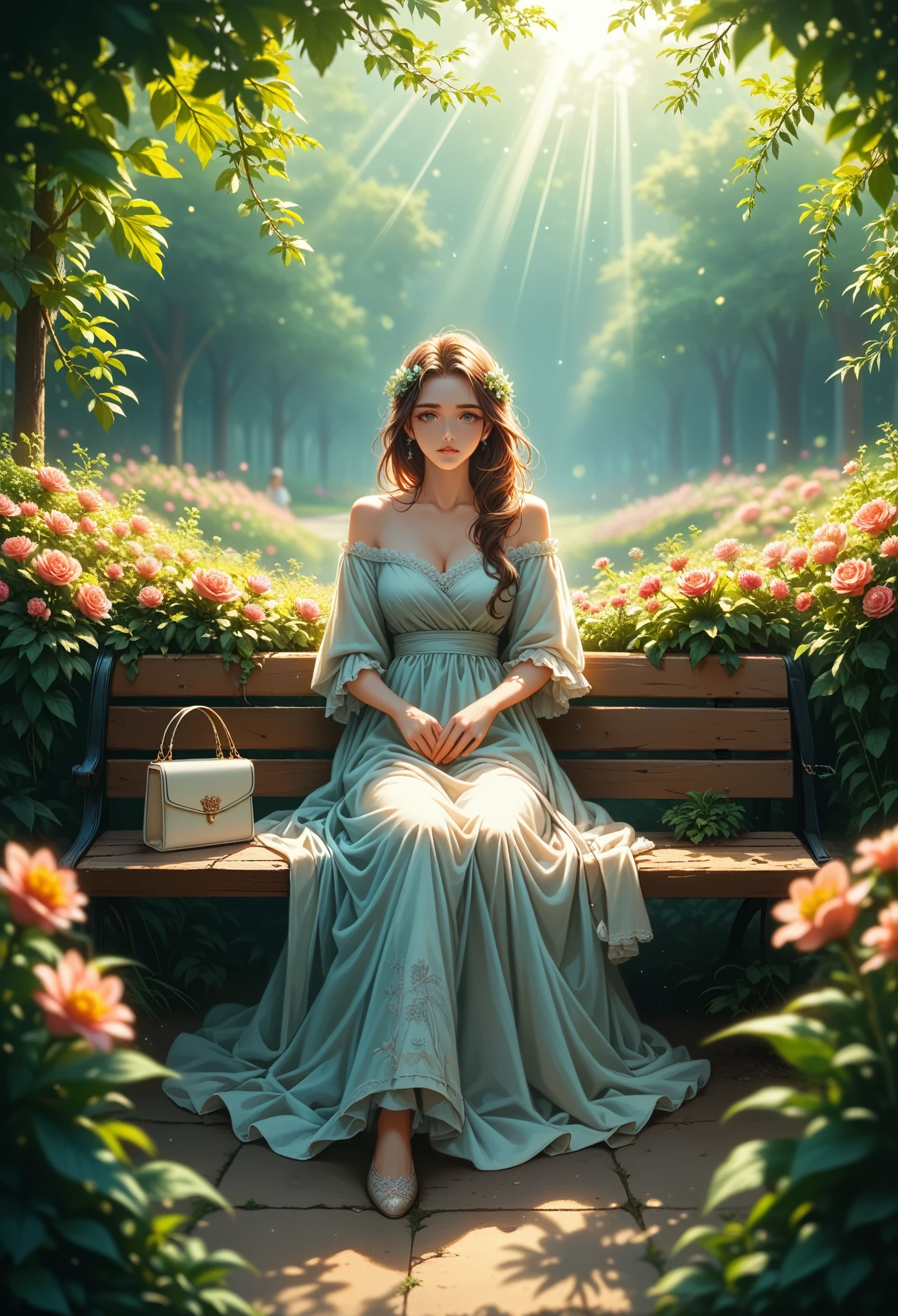 A woman sitting on a bench in a garden with flowers - SeaArt AI