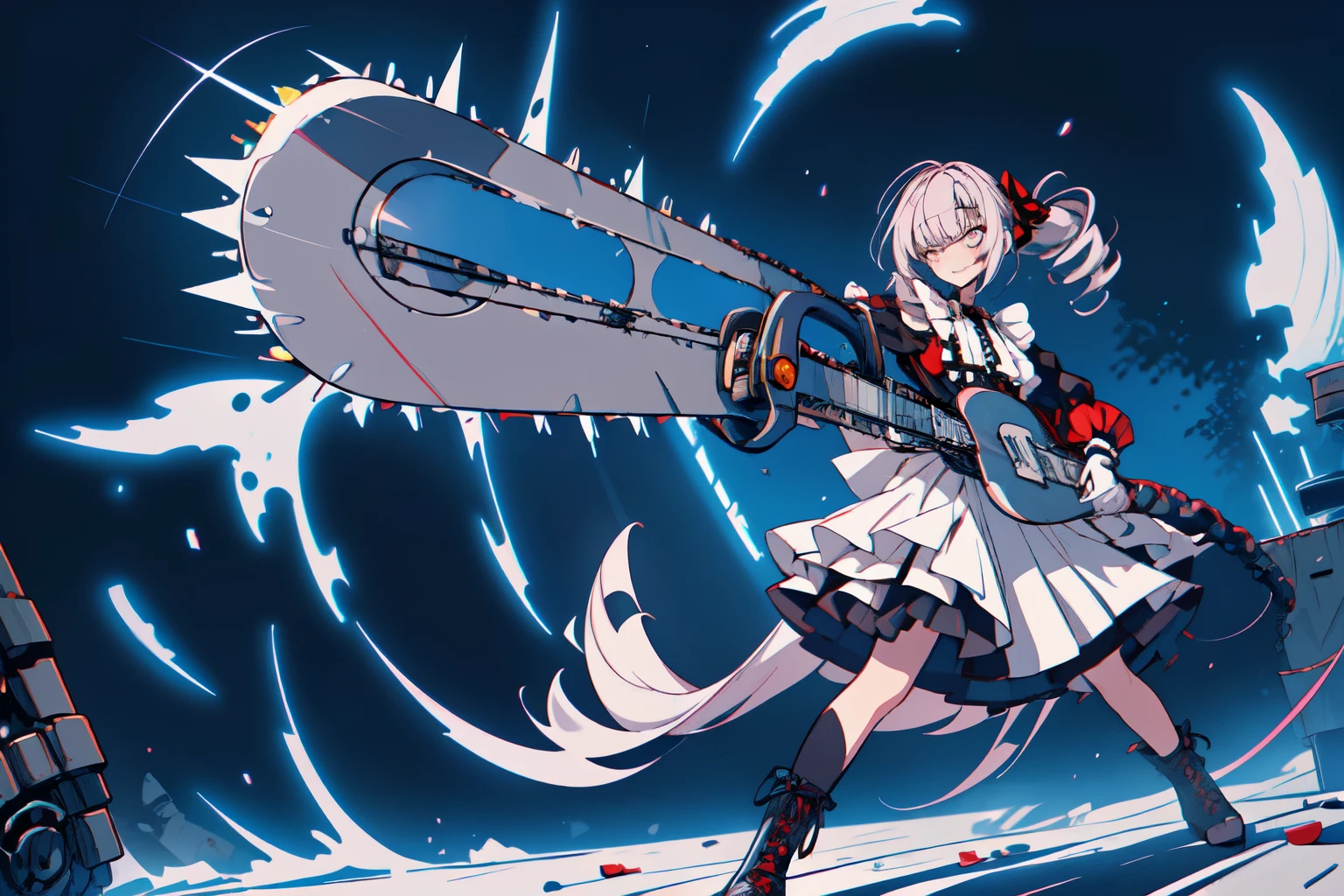 (best quality, ultra detailed), 1girl, solo, grin, drill_hair, cyb dress, frilled dress, layered dress, frills, bow, ribbon, long sleeves, combat boots, sunrise stance, (mechanical chainsaw style guitar, holding guitar:1.3), (brutality, shock wave:1.1), wind, neon colors dots background, vector art, gothicpunk, 