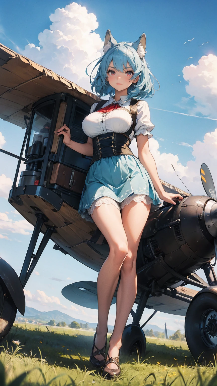 (Absurd Resolution:1.2), (ultra detailed:1.2), (masterpiece:1.2), (Photorealistic), (top-quality), BREAK (biplane on a grassy airfield), early 20th century, detailed mechanical parts, (cute-1girl), teenager, (finely detailed beautiful baby face), BREAK (ultra-fine-red-cute-eyes:1.2), (ultra detailed Expression eyelashes), BREAK (ultra-detailed-absurdly-long-pastel-blue-hair, hairs between eyes), beautiful Glossy lips, BREAK (slim body and gigantic breasts:1.6), curvy is body without muscles, (glossy realistic pale skin texture), BREAK (ultra-detailed-cotton dirndl, Fine lace), bare-Thighs, Wolf-Ears, BREAK Beautiful Smile, Seductive dynamic pose, (Crisp focus:1.2), (depth of field:1.2), (full body shot, dynamic angle), BREAK dramatic cloudy sky, intricate gears and propellers, aged and worn metal surfaces, Streamlined aircraft, metal wings, tires on the ground, BREAK retro futuristic style, warm color tones, cinematic lighting, Full view of an biplane on a grassy airfield in the background,