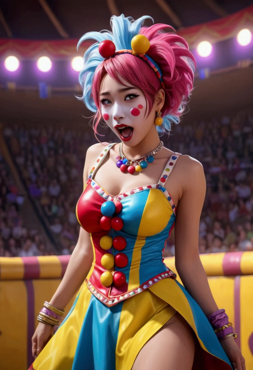 cute yuna, 2, sexy rodeo clown, crazy clown makeup, in the middle of the rodeo ring, action pose taunting extremely aroused minotaur, colorful barrel nearby, 8k, high quality, masterpiece, hyper detailed, realistic, cinematic lighting, vibrant colors, dramatic composition
