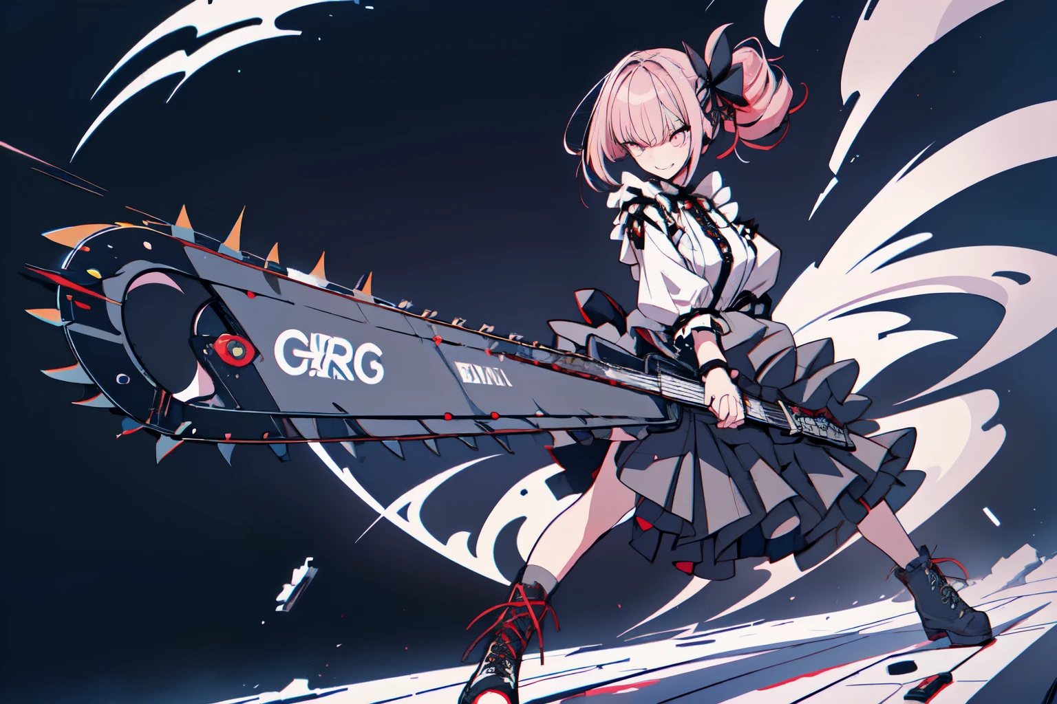 (best quality, ultra detailed), 1girl, solo, grin, drill_hair, cyb dress, bandage dress, layered dress, frills, bow, ribbon, long sleeves, combat boots, sunrise stance, (mechanical chainsaw style guitar, holding guitar:1.3), (brutality, shock wave:1.1), wind, neon colors dots background, vector art, gothicpunk, pinkblack