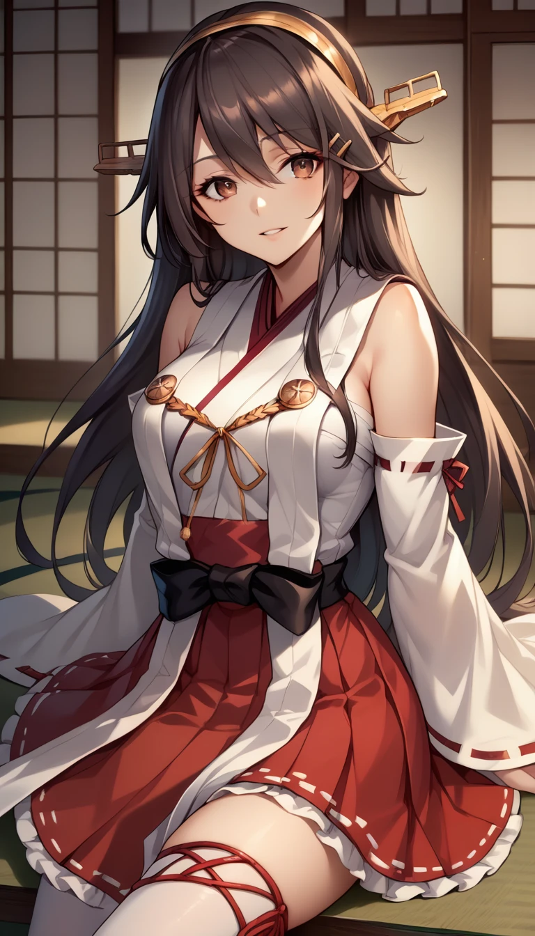 score_9, score_8_up, score_7_up, source_anime, game cg, harunakainiKC, long hair, skirt, hair ornament,thighhighs, hairband, detached sleeves, japanese clothes, hairclip, red skirt, headgear, ribbon trim, nontraditional miko, ribbon-trimmed,smile,parted lips, E cup breasts.Narrow waist。Perfect proportions。Slender body。well-proportioned body。Poses that show off the side of the body (Beautiful eyes) 