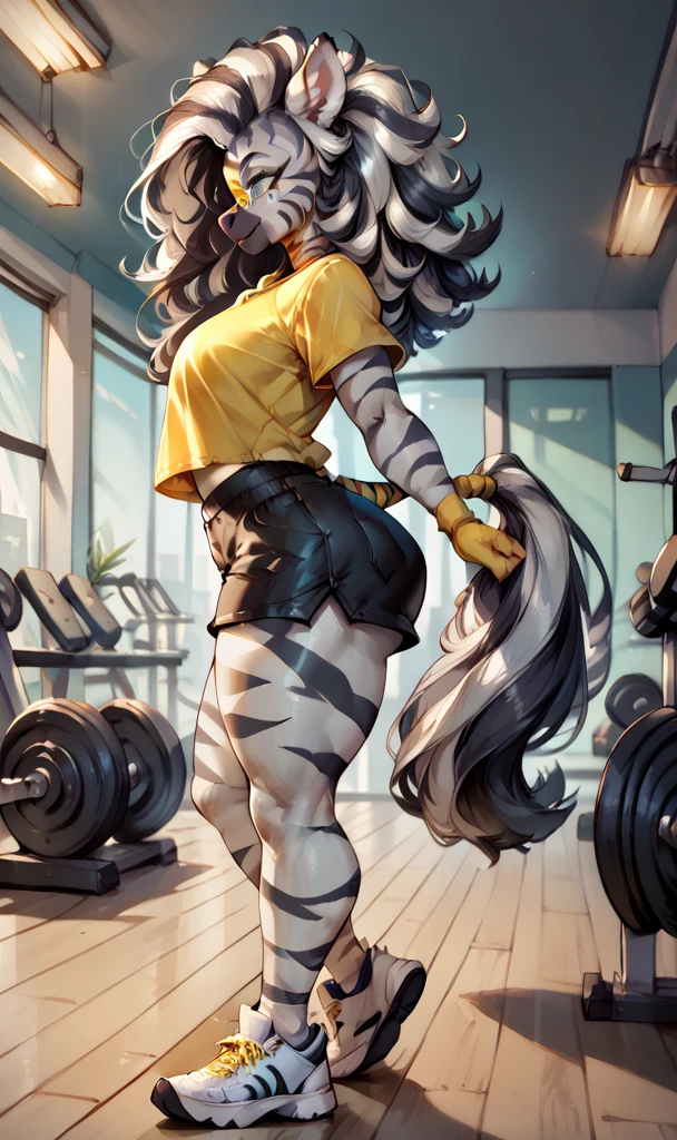 anthropomorphic zebra woman, long fluffy hair, zebra, medium breasts, attractive, (yellow top, black shorts, white sneakers), shapely body, zebra tail, big thighs, big, freckles, freckles on face, blue eyes, (expression of joy), she is in the gym, training weight training, (side view),