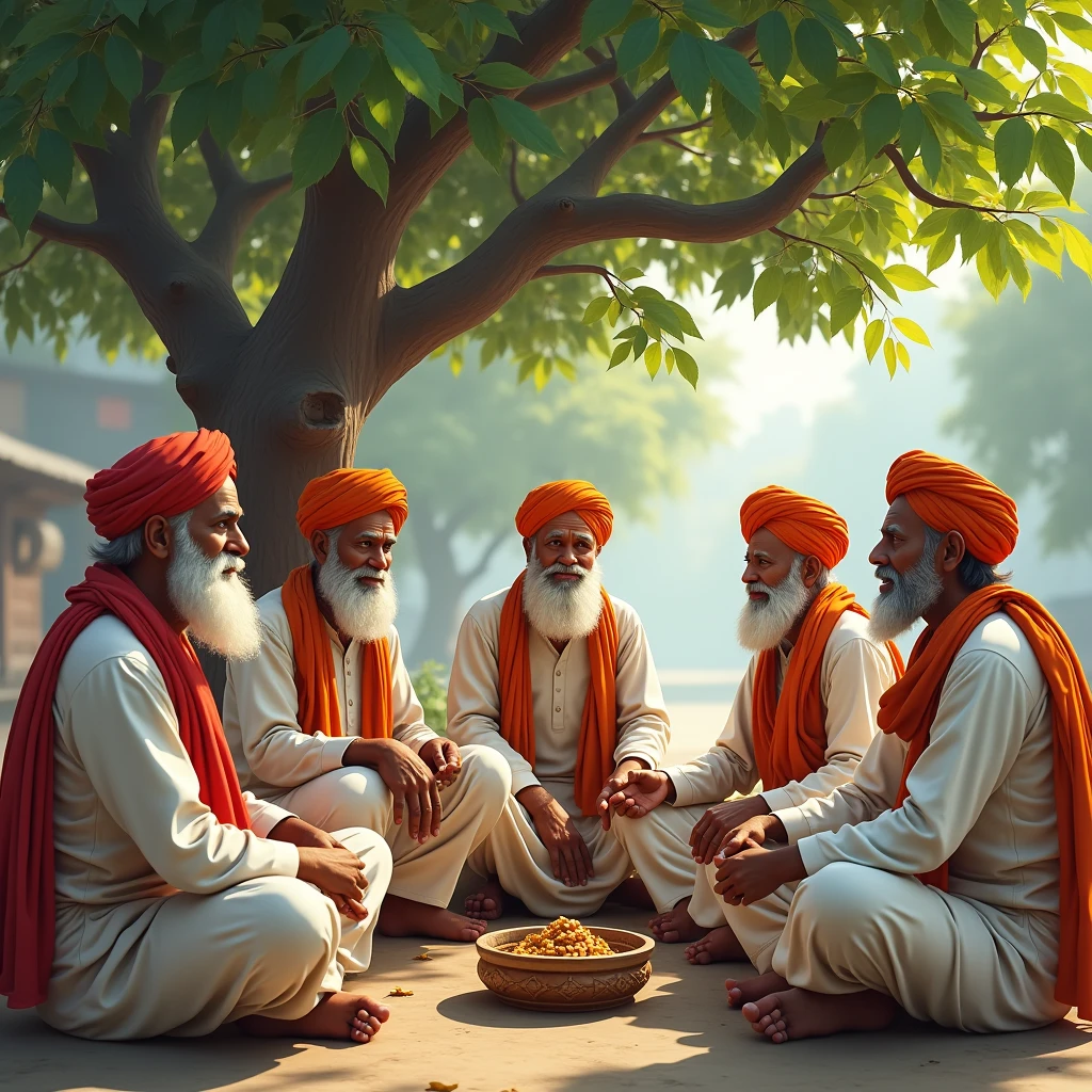 Six Indian old friends sitting on bench together front of glosery shop and they are very happy