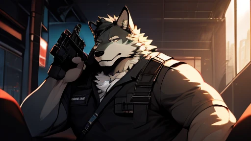 A Left Side And Full body Picture of A Very Muscular Furry style Gray Wolf. he is wearing A Full Dark Green military suit. his eyes are looking in the gun looking spot. he is holding a Gun with his both hand. he is aiming at something that is in front of him. he is Lying on the groud. He have green eyes. He have a long tail. He is on  the top of a building