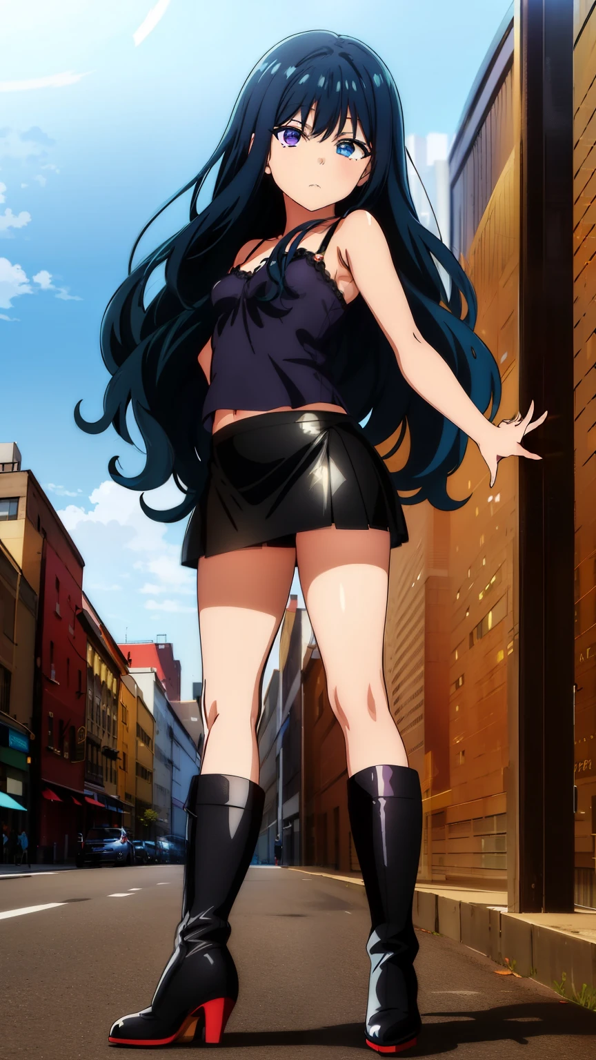 (masterpiece, best quality, high resolution, 8k:1.2),anime art style, nozaki yuu,anime, girl１people, small breasts, (narrowed eyes, eyes half-closed, jitome, rolling eyes :1.2),(eye light: 1.2),closed mouth, blue hair, very long hair, (wavy hair:1.2), purple eyes, beautiful eyes, highly detailed face, Detailed CG, expressionless, solo,((Black leather camisole, leather mini skirt, black boots, beautiful shoes, city)), standing, looking at the viewer, in the center of the image, dynamic poses, dynamic angles,