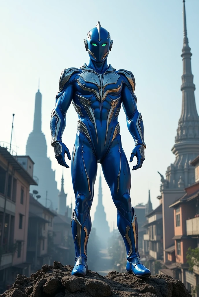 beautiful detail, best quality, 8k, highly detailed face and skin texture, high resolution, blue body ultraman stand over the city, full body, sharp focus