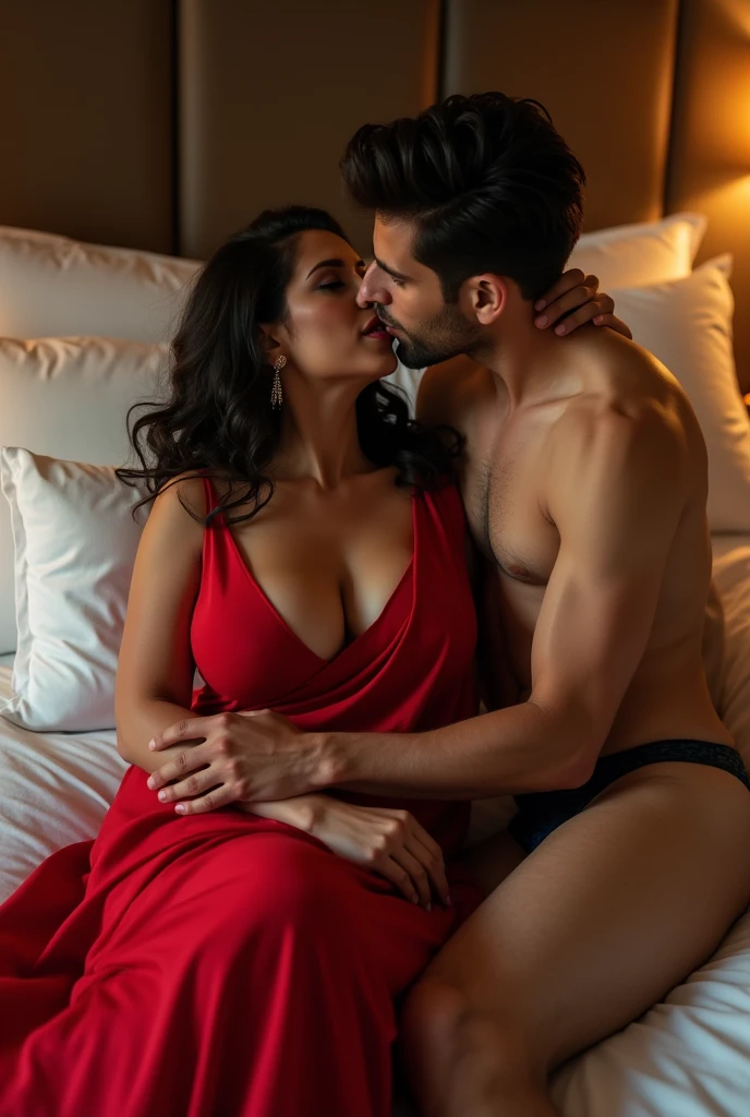 The man in his 45s with black very short hair and smooth face with moustache. The woman in her 45s with brown wavy long hair. The man is naked. The woman is wearing red satin bathrobe. In bedroom, on bed. Night, dark, dim. Missionary sex. The woman's feet is on the man's shoulder. The woman is moaning. Ultra realistic.