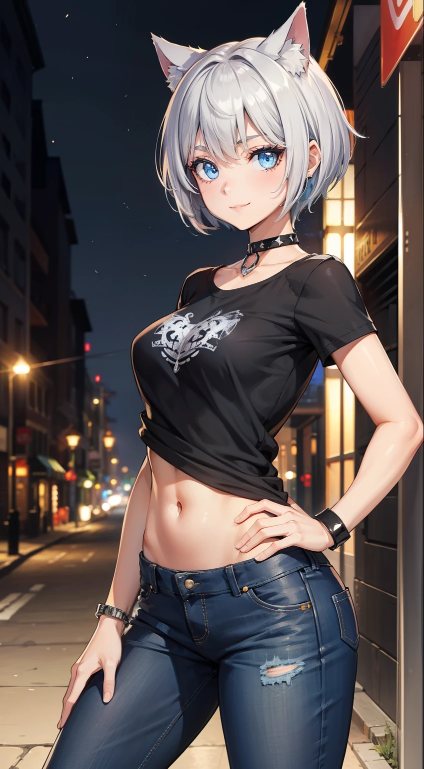 (masterpiece), (best quality), (High quality), high resolution, perfect anatomy BREAK expressive eyes, perfect face, 1girl, grey cat ears: 1.5, medium hair, grey hair, pixie cut, BREAK, (big eyes, perfect eyes), ((blue eyes:1.2)), (glowing eyes:1.2), thick eyelashes, thin eyebrow, ((thick eyeliner)) BREAK short height, slim bulid, wild smile, smiling, medium breasts, BREAK (black shirt: punk print, short sleeves), torn jeans, black boots, leather choker, studded braclets BREAK cowboy shot, standing, hands on hips BREAK blooming light, city, night