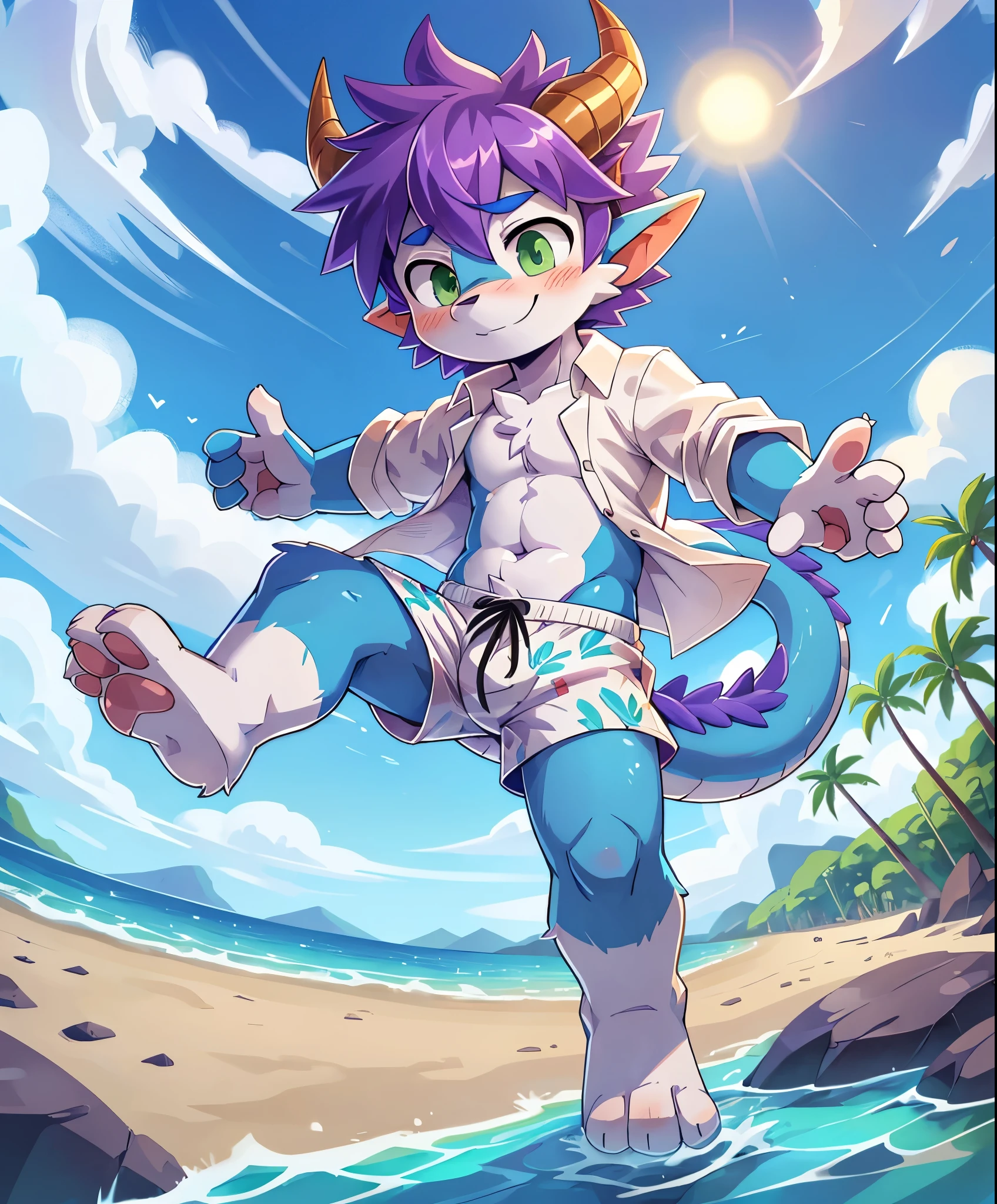 score_9,score_8_up,score_7_up, source_cartoon, source_furry, dragon boy, horns, green eyes, tail, purple hair, shota, furry, blush, dragon tail, looking at viewer, smile, dragon horns, pointy ears, short hair, furry male, two tone body fur, blue body fur, white body fur, ((white hawaiian shirt, open clothes, black swim trunks)), full body, feets with three toes, 3 toes, dynamic action shot, motion blur, thick outline, anthropomorphic, countershading, beach, clear sky