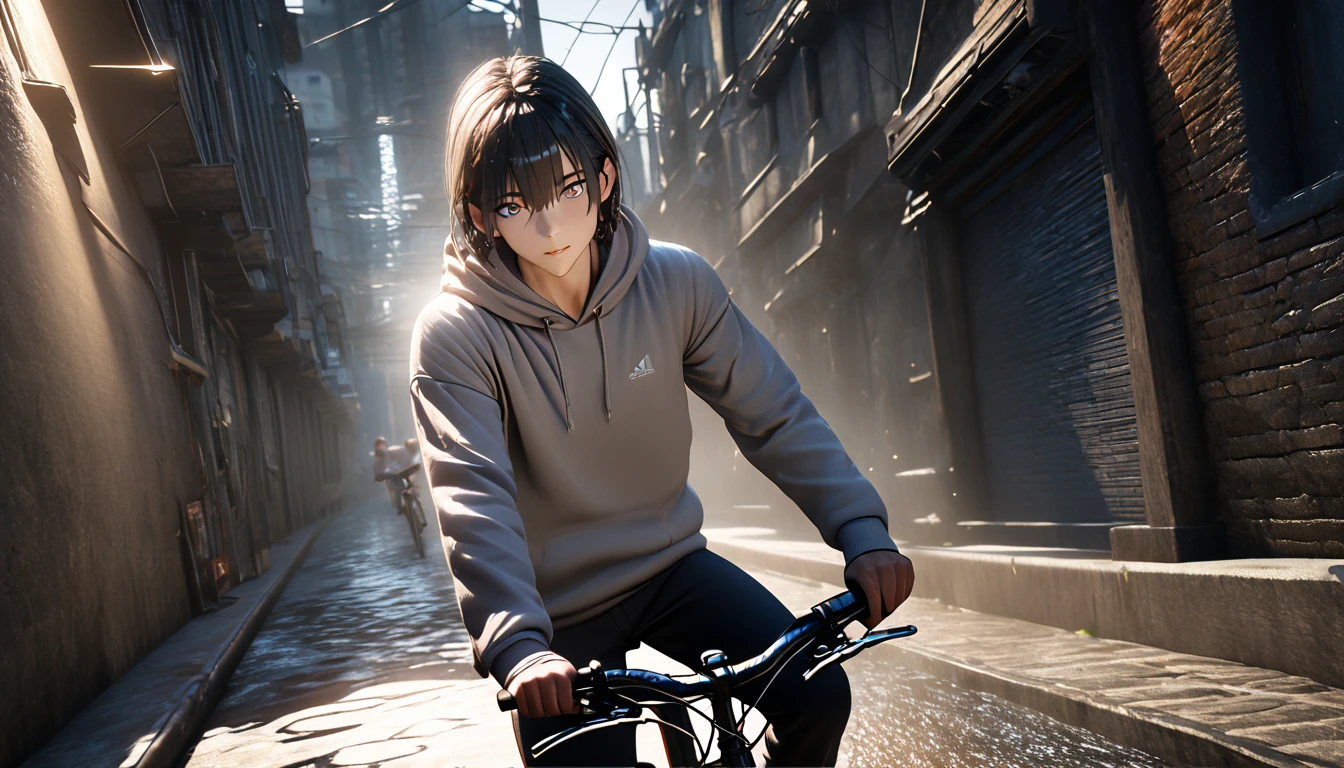 (8k, RAW photos, best quality, masterpiece: 1.4),(Unreal Engine 5 rendering works), (((Boy riding a bicycle)))，Ultra-high resolution, Extremely detailed, light, closeup of arms, handsome boy, Dark Eyes, (delicate eyes, Eyes are bright:1.2), Black short hair, Fair skin,Dark, Grey sweatshirt, Sweatshirt with hood,(perfect anatomy:1.2), High quality shadows, Natural Lighting, (White highlights:1.2), night, cloudy day, (Alley:1.2), (River bridge:1.2) ,Ray Tracing,Best picture quality,Maximum resolution,((3D Unreal Engine)),OC rendering reflection mode