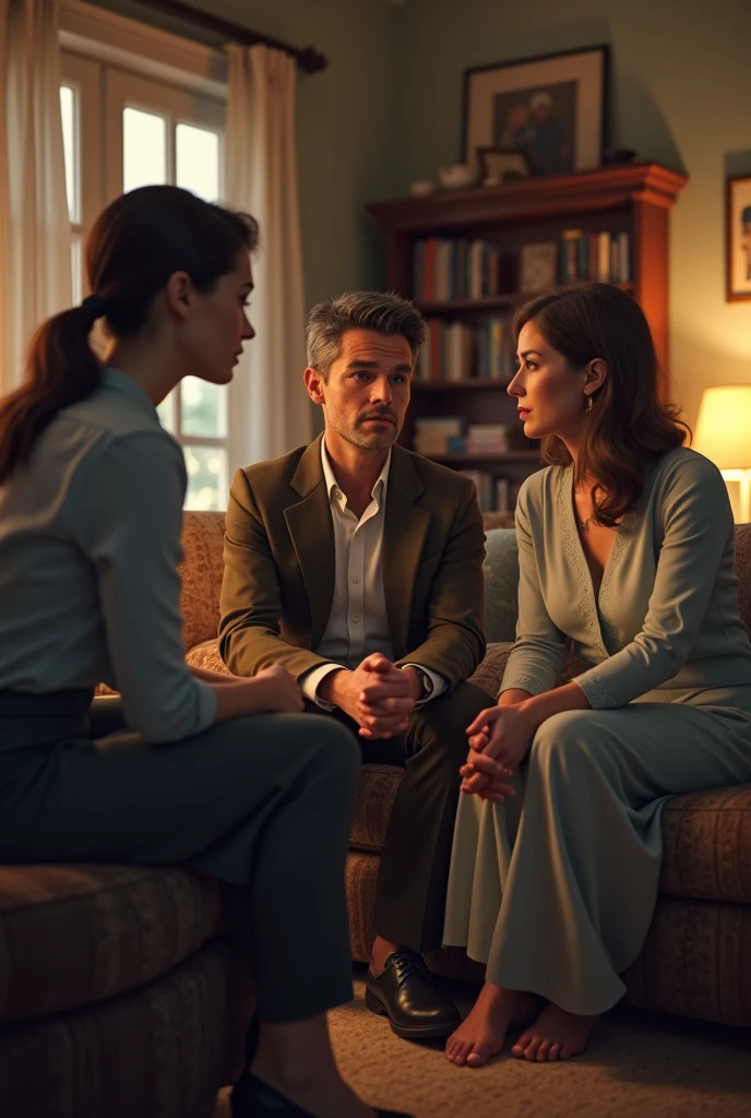 photo with two men and two women gathered in a living room with an air of mystery, worried