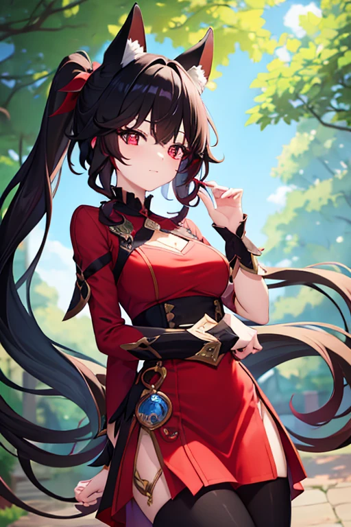 woman with red eyes, with 2 ponytails and two ends of the head (long black hair) with fox ears. Wears an very beautiful red dress. (wears a black leggings). she comes from wonderland