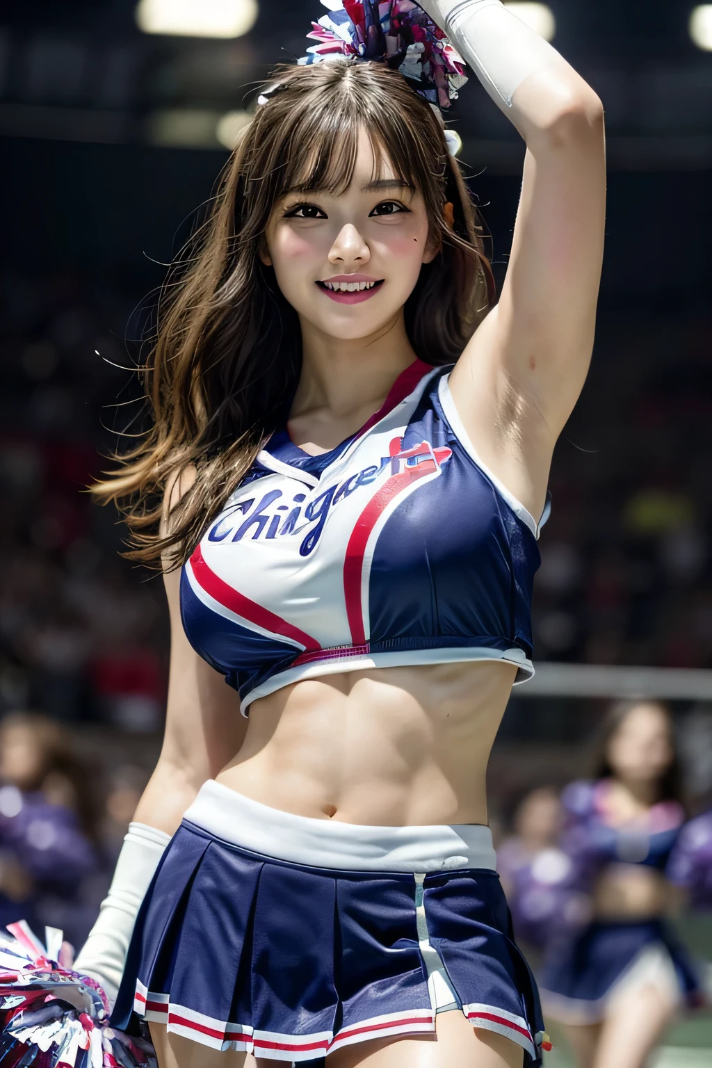 Highest quality, 8K, masterpiece :1.3)), whole body, Sharp focus :1.2, Beautiful woman with perfect figure :1.4, Slim Abs :1.2, ((Dark brown hair, Big Breasts :1.2)), whole bodyショット),(RAW shooting:1.2)、(realism:1.4)、(masterpiece:1.3)、(Highest quality:1.4)、The Beauty of Japan、7 heads、Black Hair,Beautiful and eye-catching details、Beautiful eyelashes and double eyelids、eye shadow、Perfect Eye Makeup、alone、cute、(cute:1.2)、(A smile full of happiness:1.4)、Smiling Kindly、show excitement、(Short Bob:1.2)、Fluffy hair、(From the bottom perspective:1.3)、(mini skirt)、くThin legs、(Perfect Body Beauty:1.3)、Shiny skin、(Cheerleading and other energetic poses:1.5)、Looking into the camera,Narrow waist、Thin legs、Big Breasts、Photorealistic、Age 25、Cleavage、Glamour、sexy、Thighs