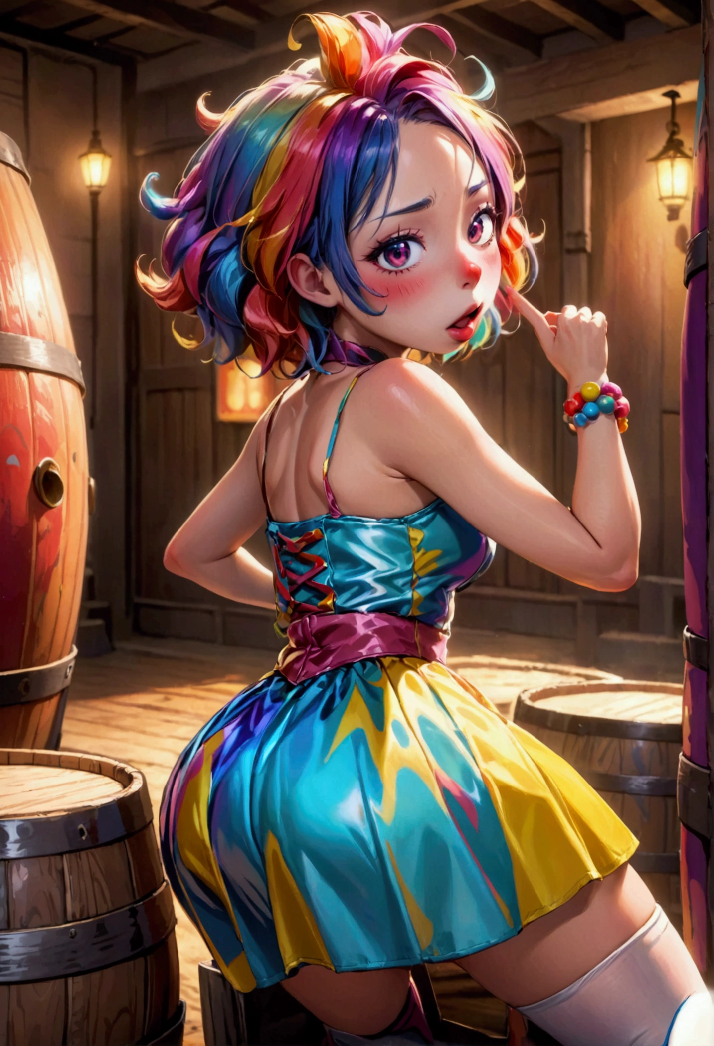 cute yuna, 2, sexy rodeo clown, crazy clown makeup, in the middle of the rodeo ring, action pose taunting extremely aroused minotaur, colorful barrel nearby, 8k, high quality, masterpiece, hyper detailed, realistic, cinematic lighting, vibrant colors, dramatic composition
