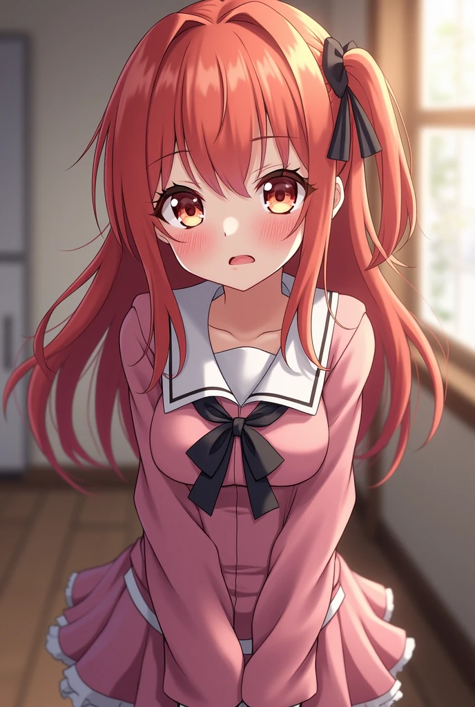 embarrassed, blushing,white panties under the skirt ,i can see the white panties under the skirt, lifts her skirt with one hand, panties peeking out from under your skirt., spread-legged position in school desk, knees apart, red hair, school uniform, mini-skirts, Hi-Res, 1girl in, Cute anime illustration