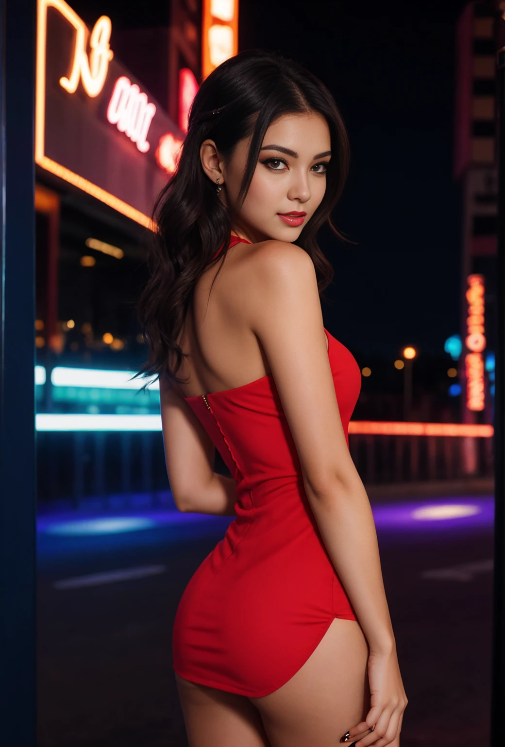 3 woman, beautiful face, sweet, flirtatious personality, wearing a tight red mini dress with a night club background