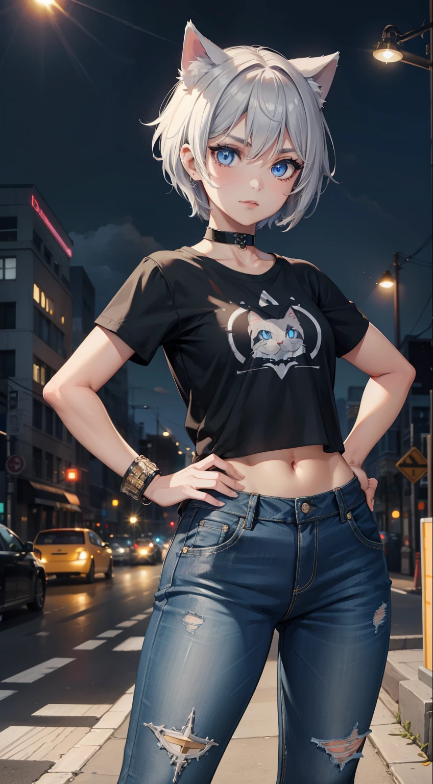 (masterpiece), (best quality), (High quality), high resolution, perfect anatomy BREAK expressive eyes, perfect face, 1girl, grey cat ears: 1.5, medium hair, grey hair, pixie cut, BREAK, (big eyes, perfect eyes), ((blue eyes:1.2)), (glowing eyes:1.2), thick eyelashes, thin eyebrow, ((thick black eyeliner)) BREAK short height, slim bulid, wild smirk, black lipstick, medium breasts, BREAK (black shirt: punk print, short sleeves), torn jeans, black boots, leather choker, studded braclets BREAK cowboy shot, standing, hands on hips BREAK blooming light, city, night