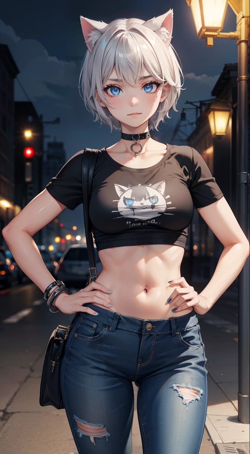 (masterpiece), (best quality), (High quality), high resolution, perfect anatomy BREAK expressive eyes, perfect face, 1girl, grey cat ears: 1.5, medium hair, grey hair, pixie cut, BREAK, (big eyes, perfect eyes), ((blue eyes:1.2)), (glowing eyes:1.2), thick eyelashes, thin eyebrow, ((thick black eyeliner)) BREAK short height, slim bulid, wild smirk, black lipstick, medium breasts, BREAK (black shirt: punk print, short sleeves), torn jeans, black boots, leather choker, studded braclets BREAK cowboy shot, standing, hands on hips BREAK blooming light, city, night