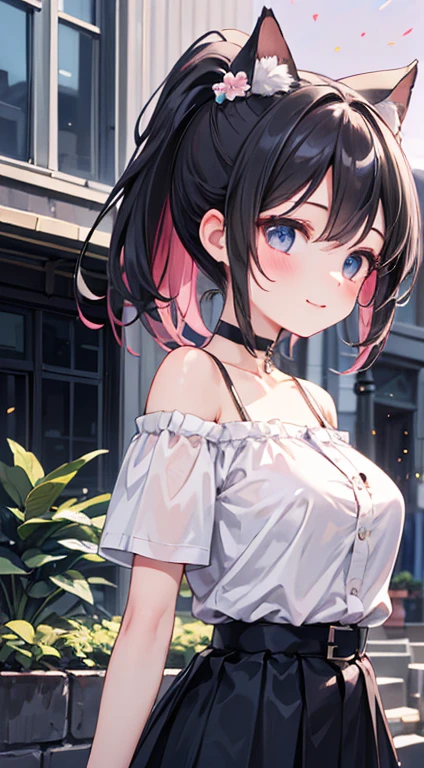 (8k、Best image quality、Highest quality、masterpiece)、Detailed face、((two :2))、Brown Hair、short hair、Brown eyes、Wicked Smile、((Grin))、Earrings、((Small breasts))、((Pink camisole))、((Denim shorts))、Cowboy Shot、Black Hair、Twin tails、Bright Blue Eyes、Wicked Smile、((Grin))、Earrings、((Small breasts))、((White camisole))、((Denim shorts))、Cowboy Shot((Back Alley Background))、((Browsing Caution))Cleavage、Off the shoulder、Strapless Nipples