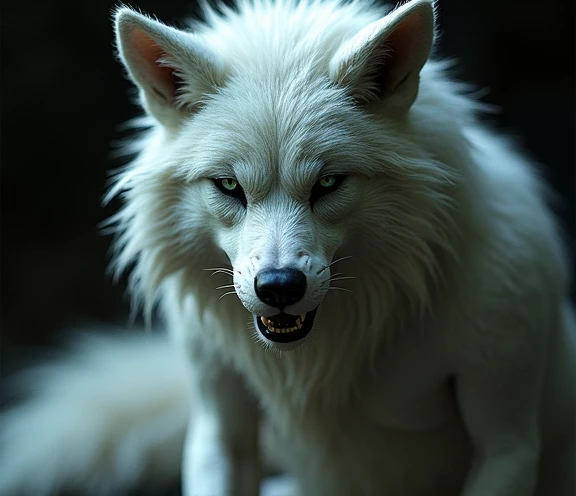 A youthful looking white-haired sharp canine naked