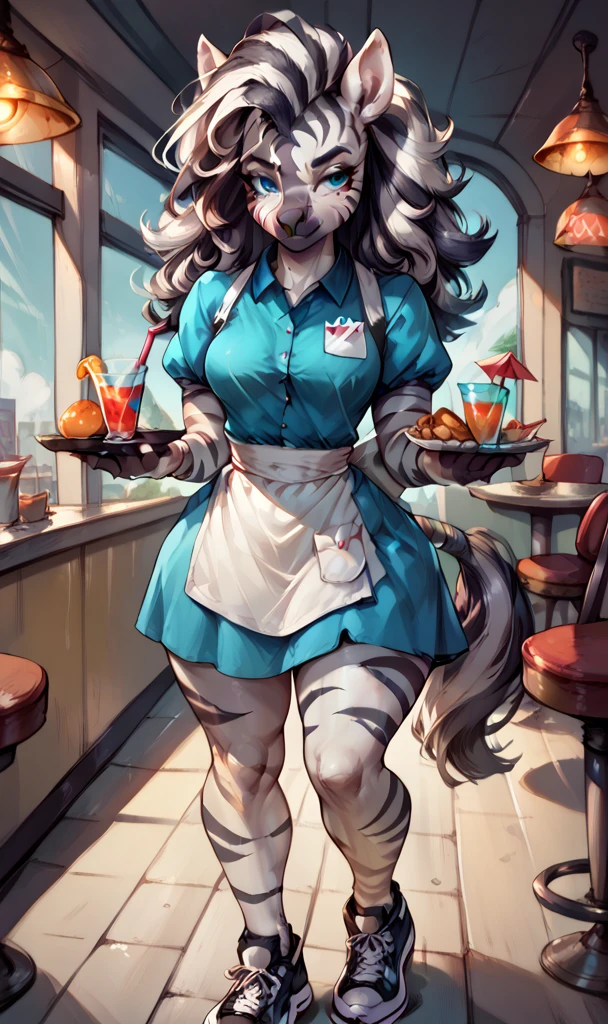 anthropomorphic zebra woman, long fluffy hair, zebra, medium breasts, attractive, (waitress uniform, black sneakers), shapely body, zebra tail, large thighs, large, freckles, freckles on face, blue eyes, (serious expression), she is in a restaurant, holding a tray of drinks, (front view),