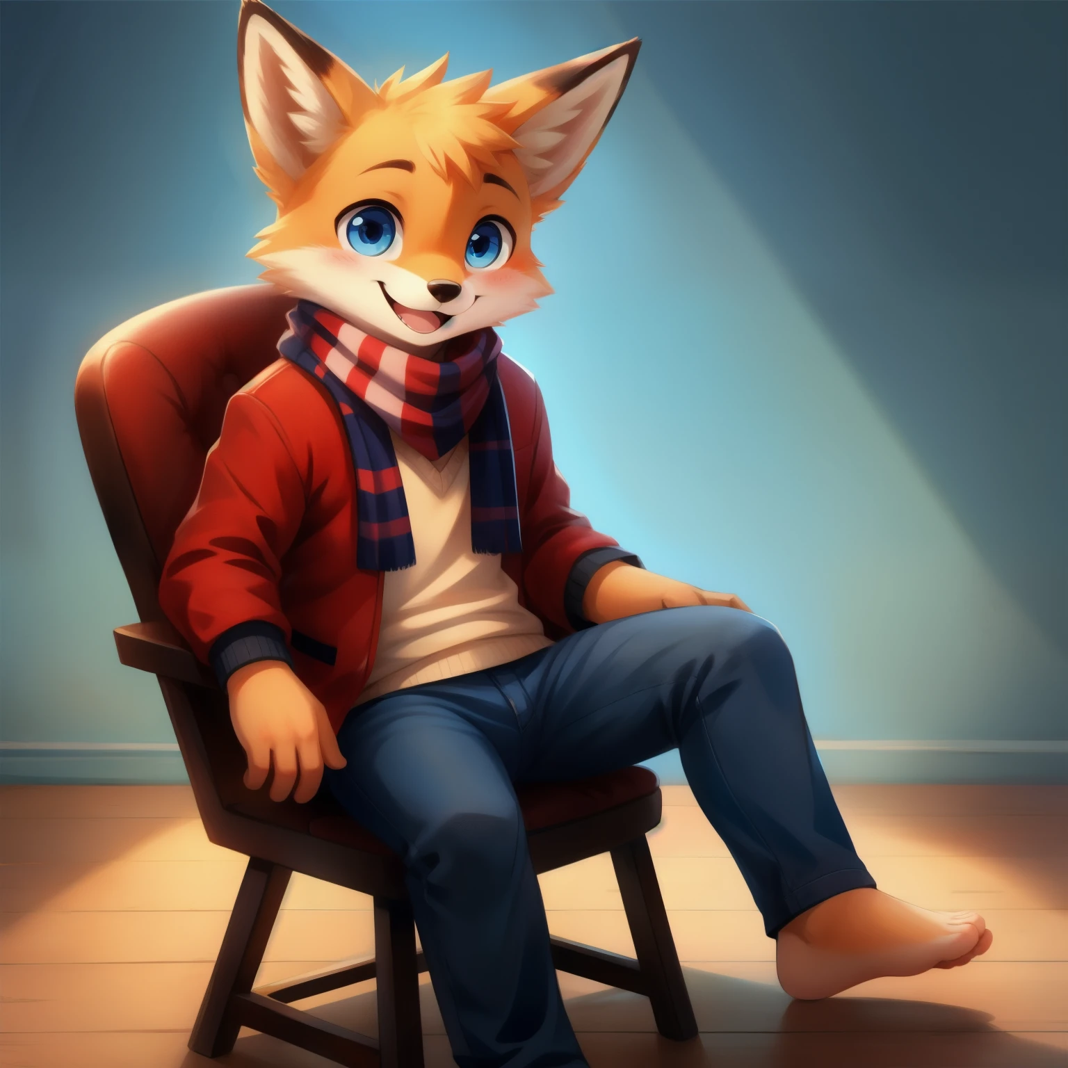 fox, boy, Cuteness, blush, happy face, Blue eyes, red jacket, jeans, Barefoot, scarf, Sitting on a chair,