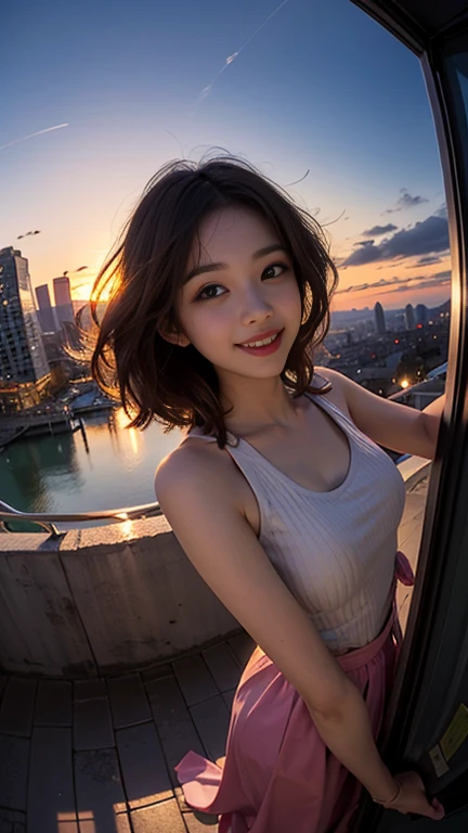 (highest quality, 8k, High resolution, masterpiece:1.2), beautiful japanese girl, 14 years old, (whole body:1.3), On the rooftop of the tallest skyscraper, walk along the edge of the roof, The big city can be seen below, sunset on the horizon, intricately shining red hair, Short bob hair fluttering in the wind, asymmetrical bangs, magic big eyes, Eyes that shine round like jewels, Looking down and smiling, pale pink lips, smooth soft skin, shiny face, bright makeup, small white underwear, turn around, Detailed and perfect clavicle, High resolutionの美しい胸, High resolutionの美しい太もも, (100+ colorful illumination:1.2), (100+ Beautiful building:1.2), professional lighting, professional photographer