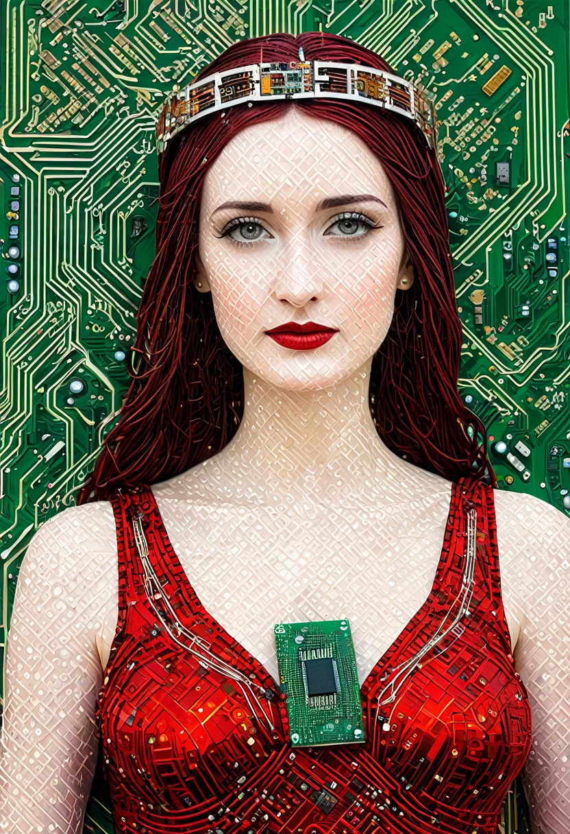 a close up of a picture of a woman in a red dress, circuit board artifacts, dress made with circuit board, cyberpunk jesus christ, portrait of computer & circuits, covered in circuitry, circuit boards))))), inspired by Harry Clarke, pipboy art, intricate electronics, circuit boards, robot pope, translucent microchip ornate, orthodox cyberpunk, steampunk jesus