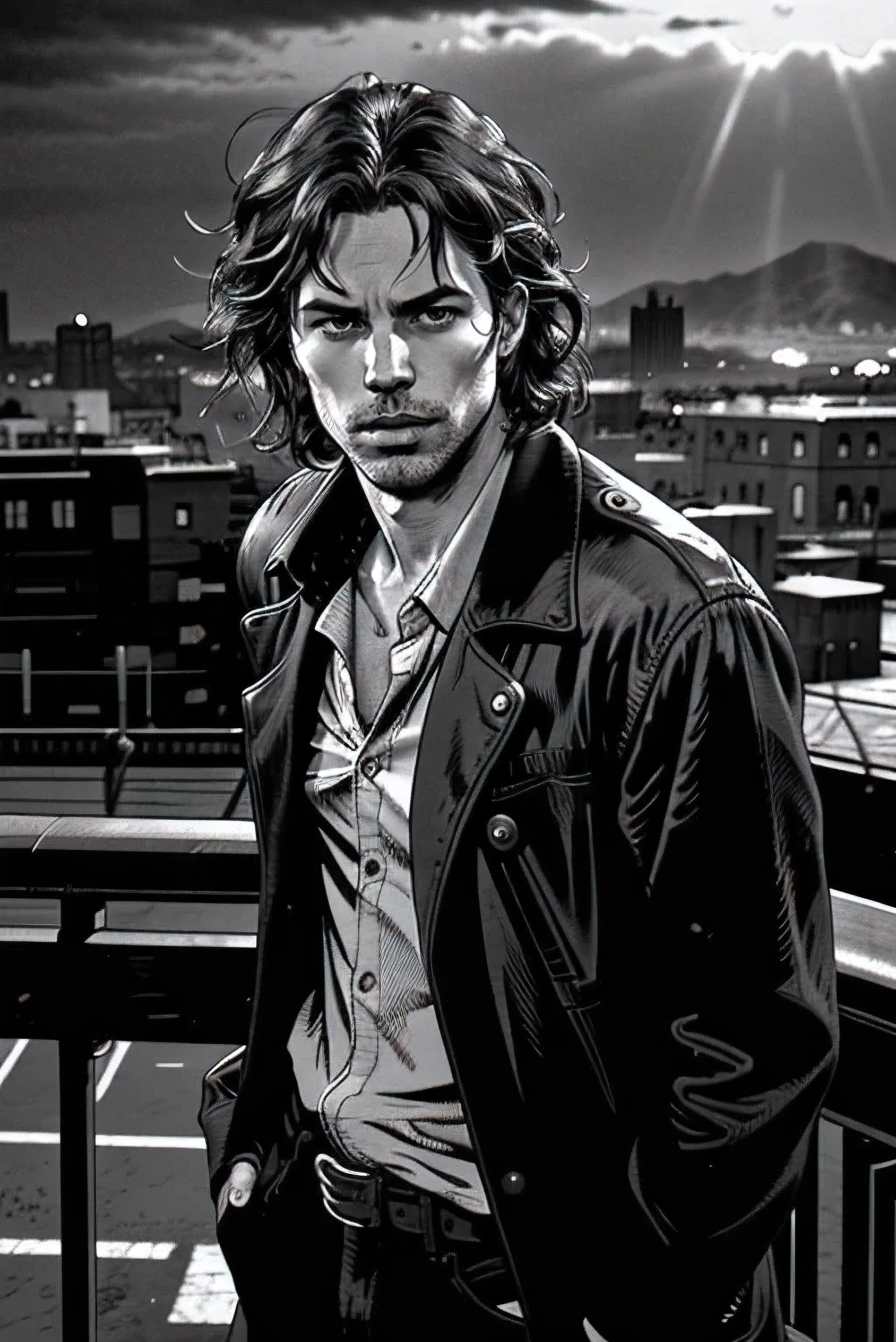 1 man, permed brown messy hair, double eyes, visible cheekbones, smoking a cigarette, wearing a hat, city background, (best quality,4k,8k,highres,masterpiece:1.2),ultra-detailed,(realistic,photorealistic,photo-realistic:1.37),cinematic lighting,dramatic shadows,moody atmosphere,intricate details,high contrast,vibrant colors,cinematic composition,dramatic pose