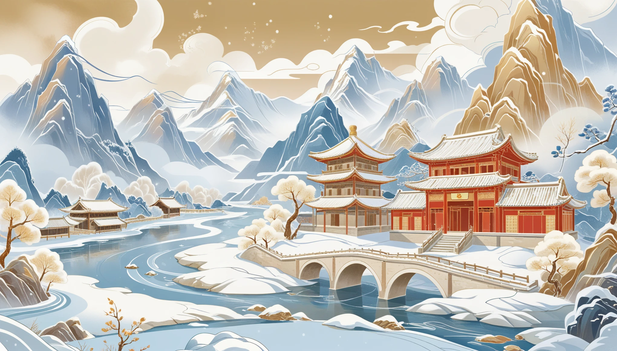 (Golden ratio composition), (Golden Ratio), Mountain, river, wood, ancient style architecture, Winter snowscape, null, cloud, comics, Flat Illustration,National Peak,Chinese style,Gatch