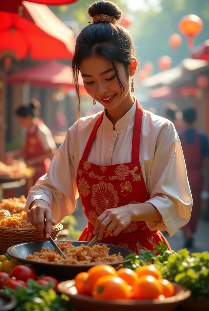 Generate an image of a woman cooking at an outdoor food stall. The woman has an elegant hairstyle and is wearing a black sheer corset-style top paired with a red apron. She is actively stirring food in a large wok over an open flame. The background includes typical elements of a street food stall, such as metal counters, bowls and various cooking ingredients. The scene is vibrant and busy, focusing on women's activity and clothing.