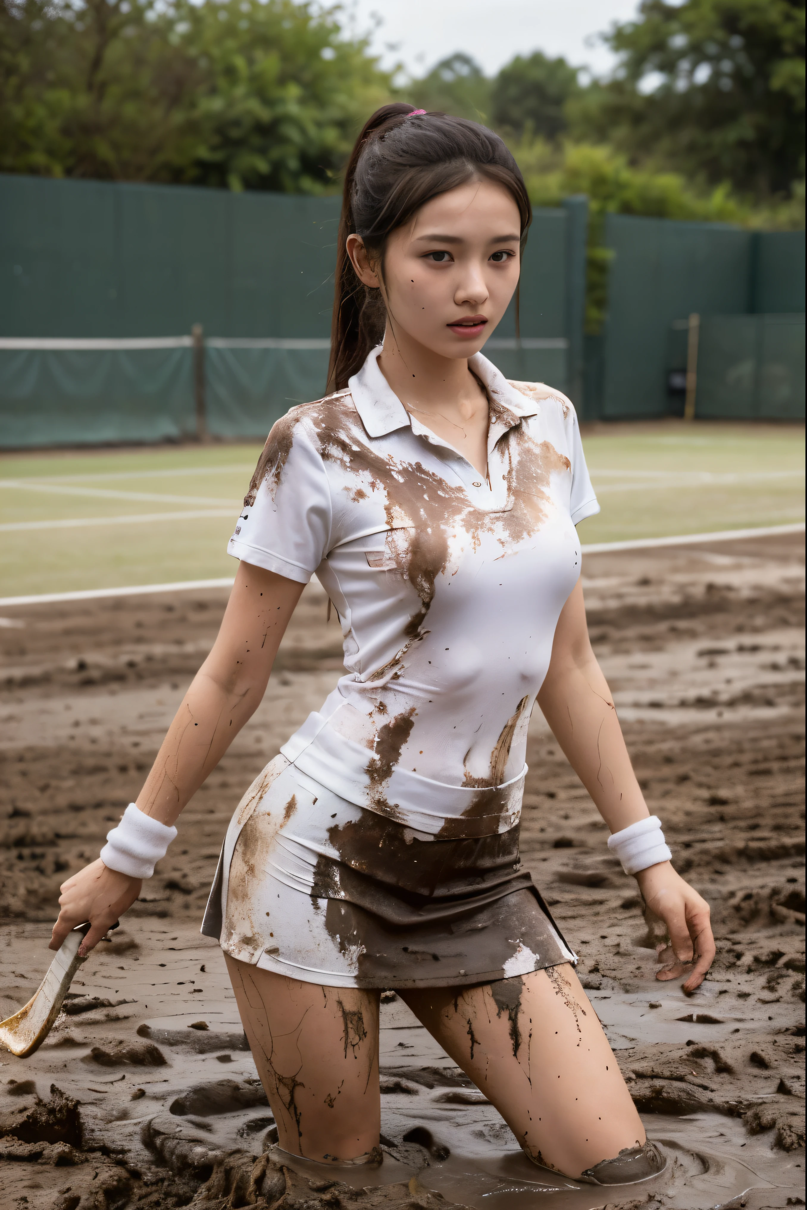 (Perfect Anatomy, Realistic, Best Quality, Clear photos, Masterpiece), ((Clothes covered in mud, Badly torn and tattered clothes, A pretty girl in a tattered tennis uniform)), almost naked, Black hair covered in mud, ponytail hair pretty girl, The tattered tennis uniform is covered in mud, A tennis uniform that is torn in tattered, ((Only 30% of the clothes remain)), Beautiful girl covered in mud, Beautiful face, A naked pretty girl is covered in mud
