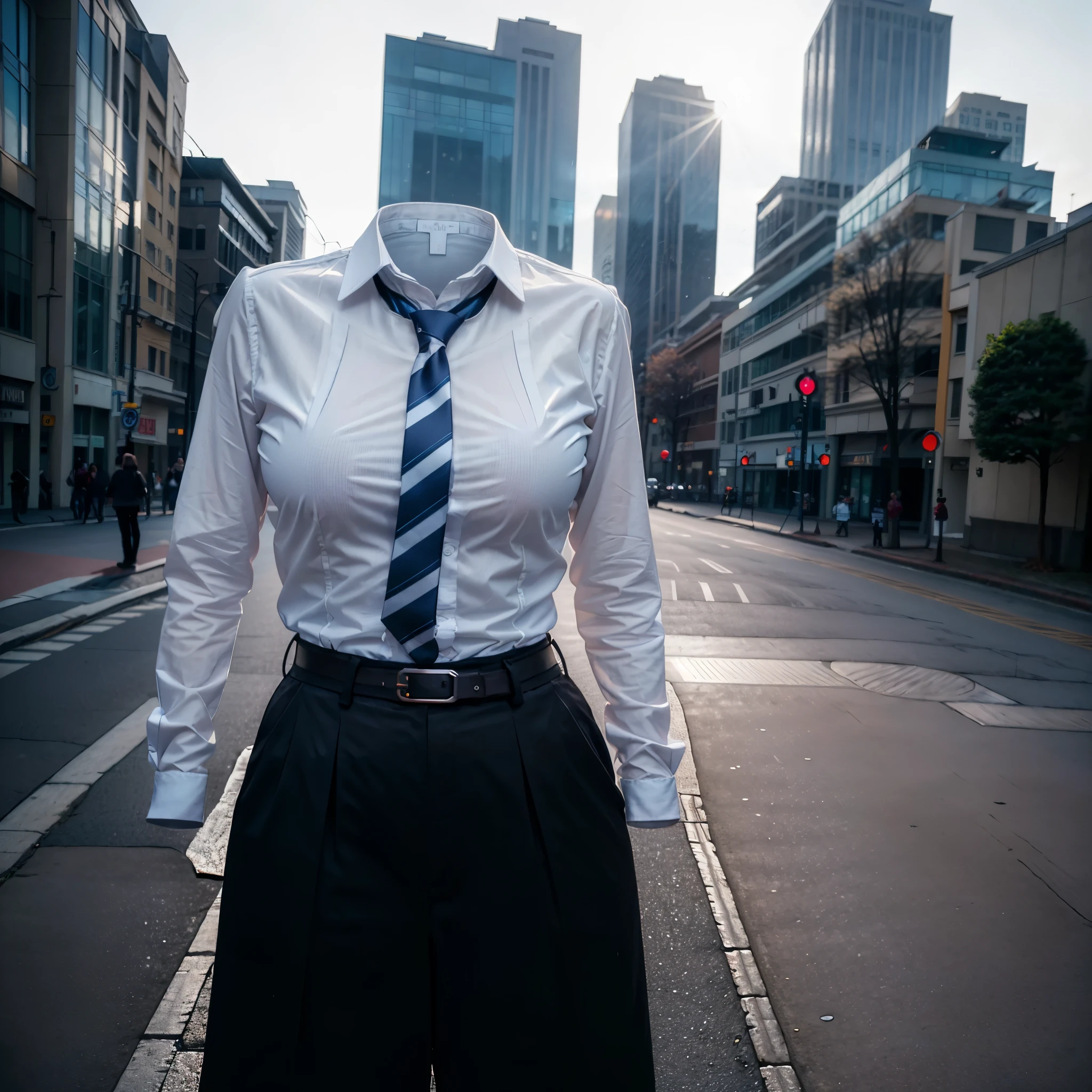 school blouse, school dress pants, school bag, stripe tie, (invisible, no humans, headless, faceless:1.5), chubby, fat, cute big breasts, (8k, RAW photo, best quality, masterpiece, high resolution, extremely detailed CG:1.2), (realistic, photo-realistic:1.37), photon mapping, radiosity, ((Hasselblad photography)), physically-based rendering