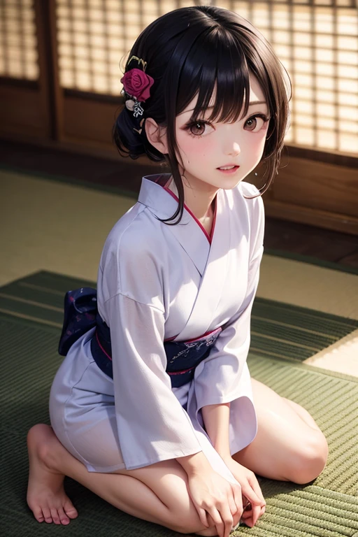 The upper part of the body、1人、A dark-haired、Bun hair、mansion、Purple Eye、Gorgeous kimono、off shoulders、Smaller chest、Japan anime-style odd eye spell, rain falling