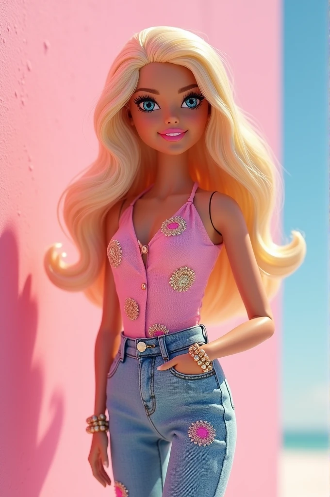 <lora:BarbieV1:0.8> plastic cat girl with blonde afro hair , wearing rainbow sporty outfit , pink miami house pool background , dark skin , full body ,(masterpiece, top quality, best quality, official art, beautiful and aesthetic:1.2)