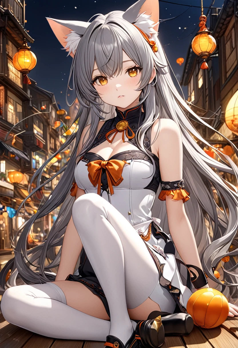 ((Best Quality)),(Ultra-high resolution),(Super detailednew),(Detailed Description),((The best CG)),(A masterpiece),Ultra-detailed art,Wonderful new Art,(Surreal)、Girl、(Gray Hair)、(((Long Hair)))、(amber colorの目）、Cat ears,Cat&#39;s Tail、Goth、Beautiful and well-proportioned face:1.6,Also々new:1.5,Natural Makeup:1.4,Highly detailed face、（Perfect Eyes）、Perfect hands、Perfect Proportions、Healthy Skin、Highly detailed lighting、