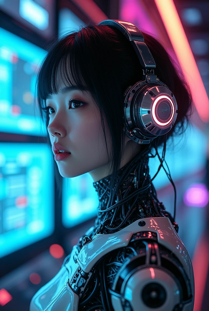 gundamwingcockpit, futuristic, scifi, plugsuit, transparent latex, goth, dark lips, large breasts, solo, black hair, gloves, g0thicPXL, dutch angle, smirk, controls, joystick, holographic interface, technology, close up, glowing, neon