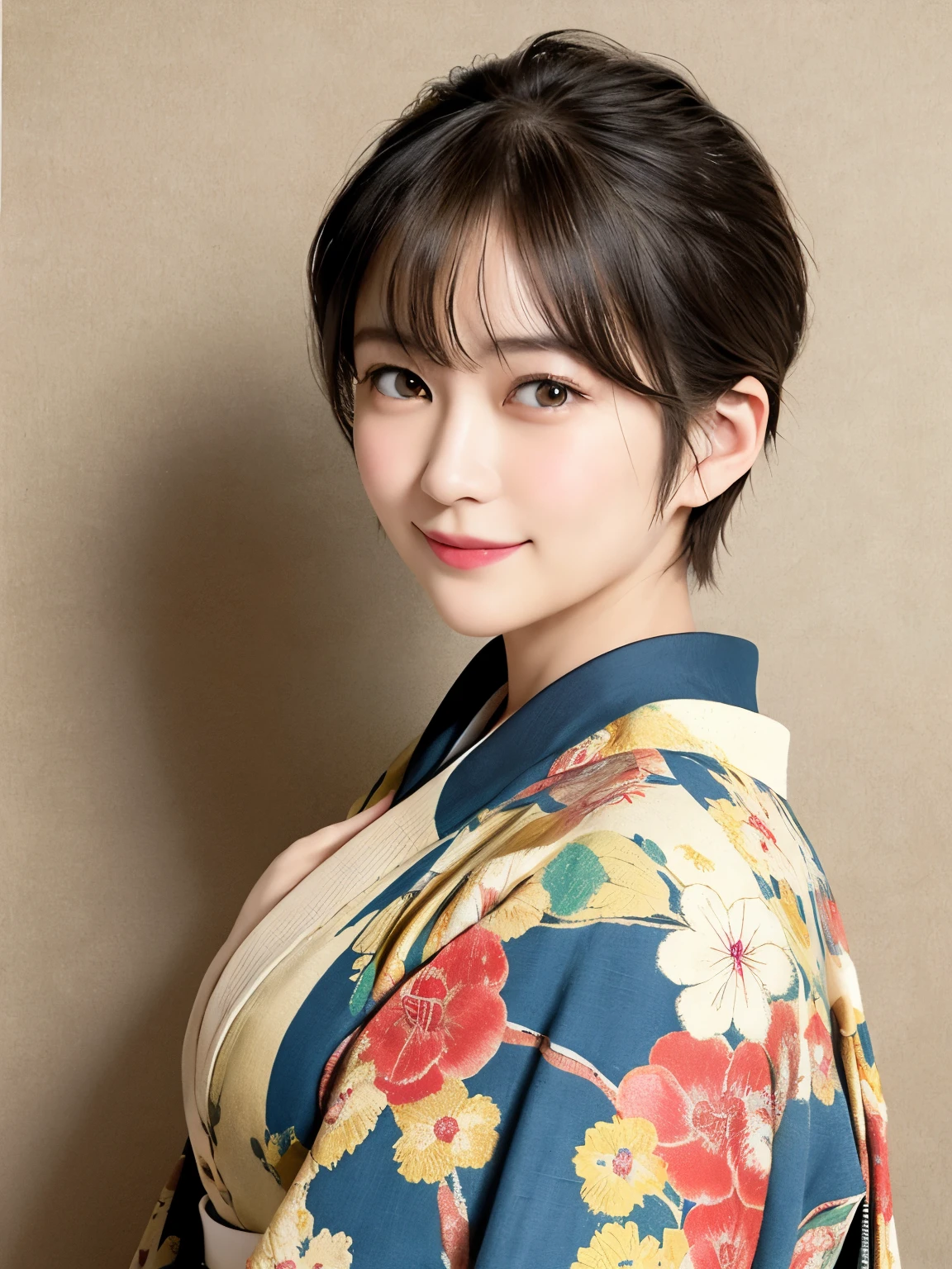 288 (20-year-old woman,Short Hair) , (A kind smile) , (kimono), (colorful), (Japanese painting by Uemura Shōen), flower